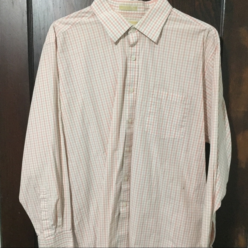 Men’s button down: Salmon, tan, & white checkered.